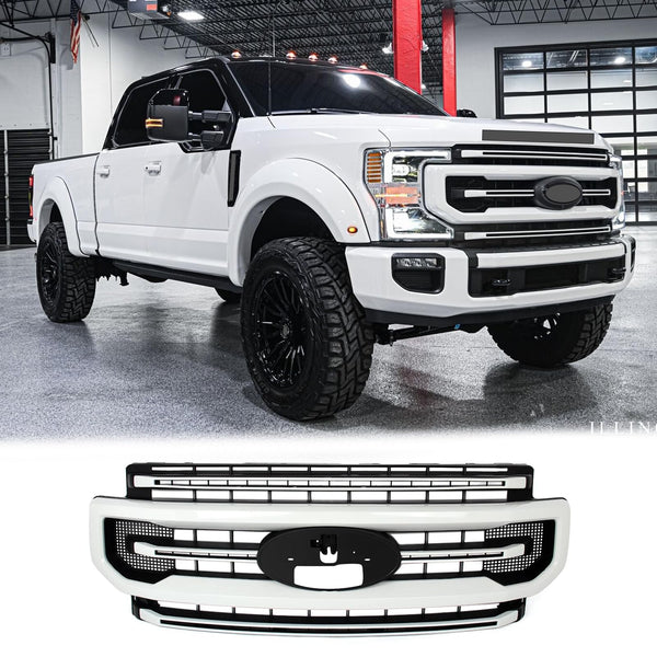 BUFEETERS Front Bumper Upper Grille Fit For 2020 2021 2022 F-250 F-350 F-450 F-550 Super Duty,Platinum Style,Oxford White&Matte Black