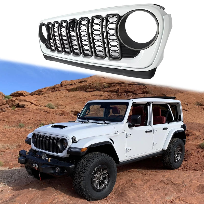 BUFEETERS  Front Bumper Upper Grille w/ Camera Hole Fit For 2018 2019 2020 2021 2022 2023 2024 Jeep Wrangler JL Gladiator JT,Rubicon Style,Bright White&Matte Black
