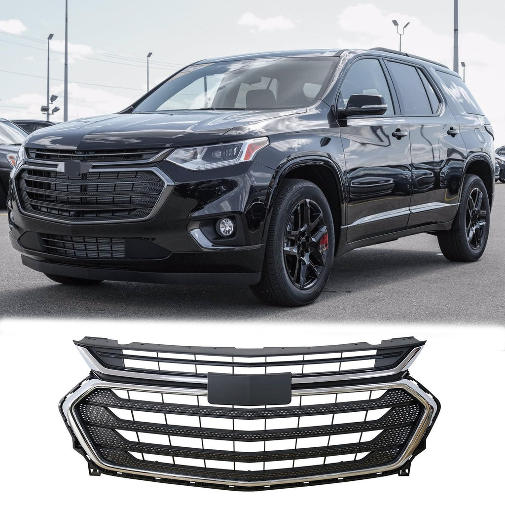 BUFEETERS Front Bumper Upper Grille Fit For 2018 2019 2020 2021 Chevy Chevrolet Traverse,Mesh Style,Chrome&Black