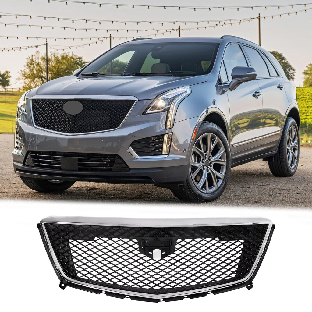 BUFEETERS   Front Bumper Upper Grille W/Chrome Molding Fit For 2017 2018 2019 2020 2021 2022 2023 Cadillac XT5,Mesh Style,Chrome&Black