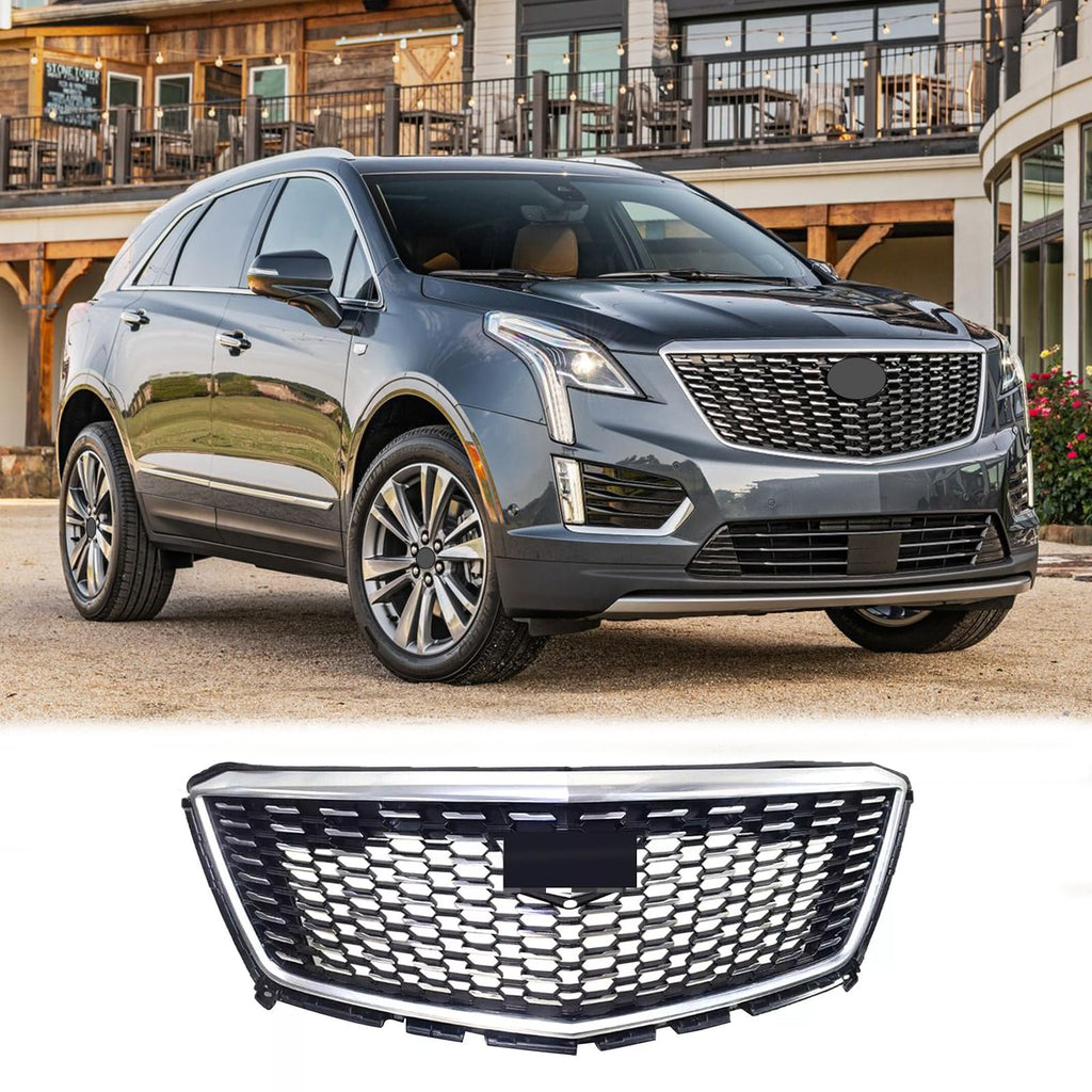 BUFEETERS   Front Bumper Upper Grille W/Camera Hole Fit For 2017 2018 2019 2020 2021 Cadillac XT5,Diamond Style,Chrome&Black