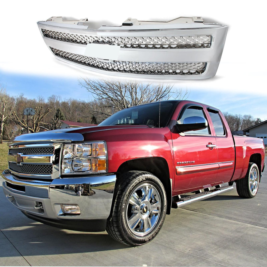 BUFEETERS Front Upper Chrome Grille w/ Chrome Insert Fit For 2007 2008 2009 2010 2011 2012 2013 Chevy Silverado 1500,Mesh Insert Style,Chrome&Silver