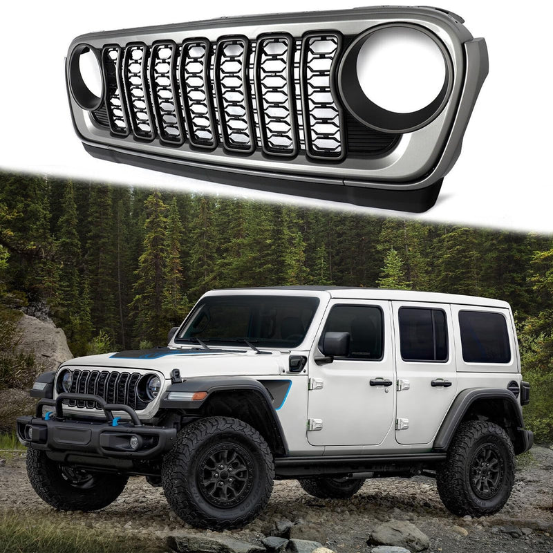 BUFEETERS  Front Bumper Upper Grille w/O Camera Hole Fit For 2018 2019 2020 2021 2022 2023 2024 Jeep Wrangler JL Gladiator JT,Rubicon Style,Matte Black&Billet Silver Metallic
