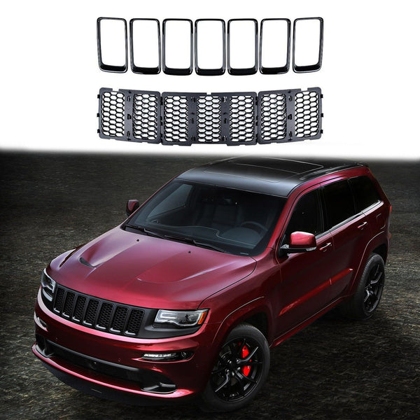 BUFEETERS   Front Grill Inserts Trim Cover Fit For 2014 2015 2016 Jeep Grand Cherokee,Honeycomb Mesh Style,Gloss Black&Matte Black