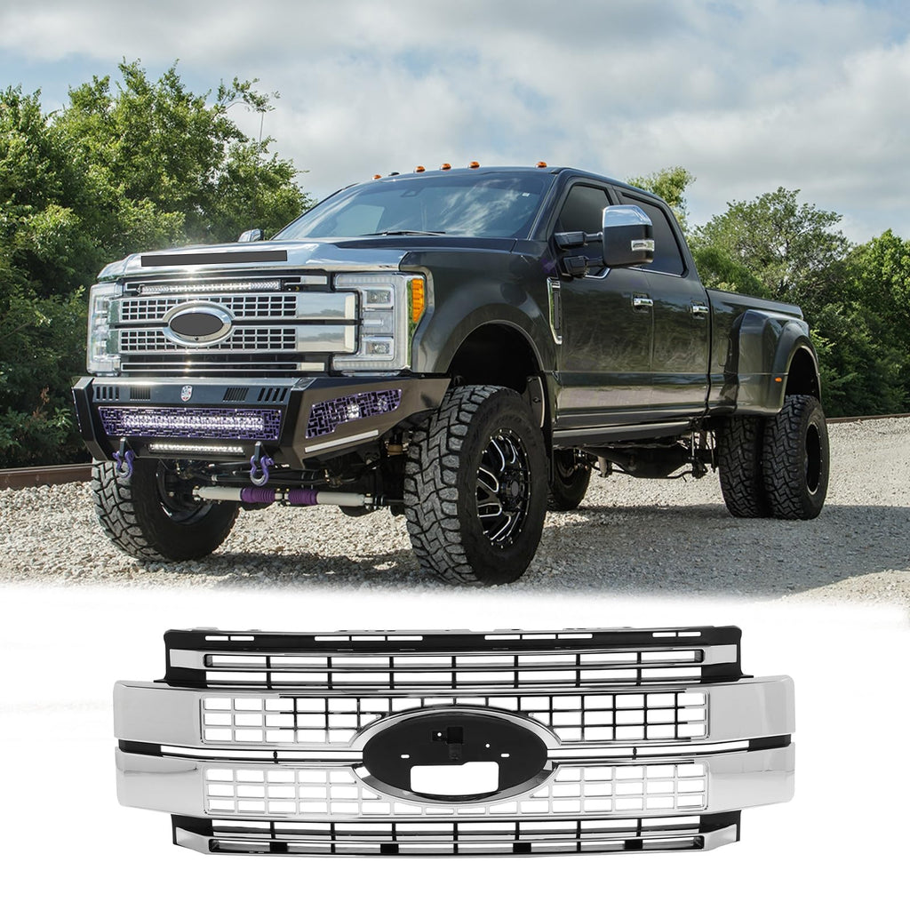 BUFEETERS Front Bumper Upper Grille W/o Camera Hole Fit For 2017 2018 2019 F-250 F-350 F-450 F-550 Super Duty,Platinum Style,Chrome&Black
