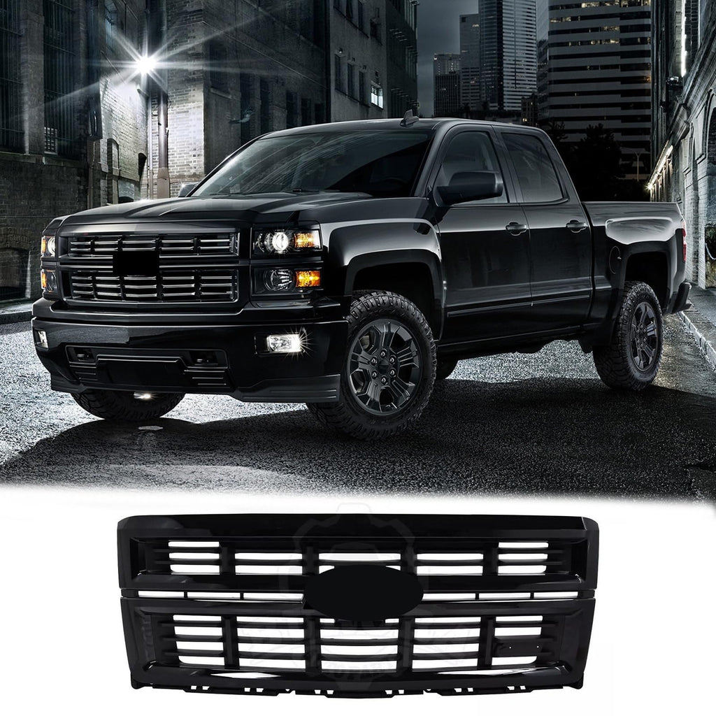 BUFEETERS Front Bumper Upper Grille Fit For 2014 2015 Chevy Silverado 1500,Horizontal Billet Style,Gloss Black