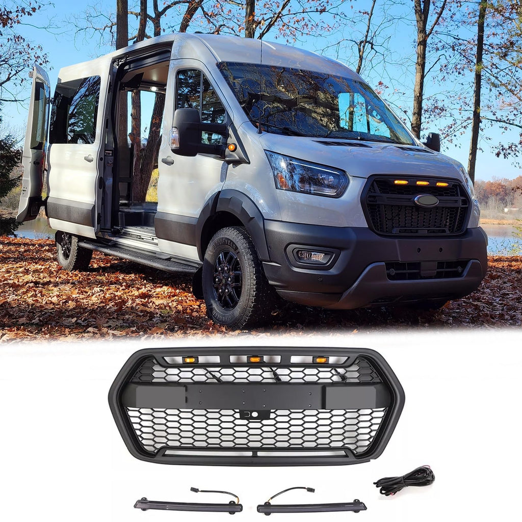BUFEETERS Front Upper Grille W/LED &Light Bar Fit For 2020 2021 2022 2023 2024 Ford Transit 150 250 350 350H,Mesh Style,Matte Black