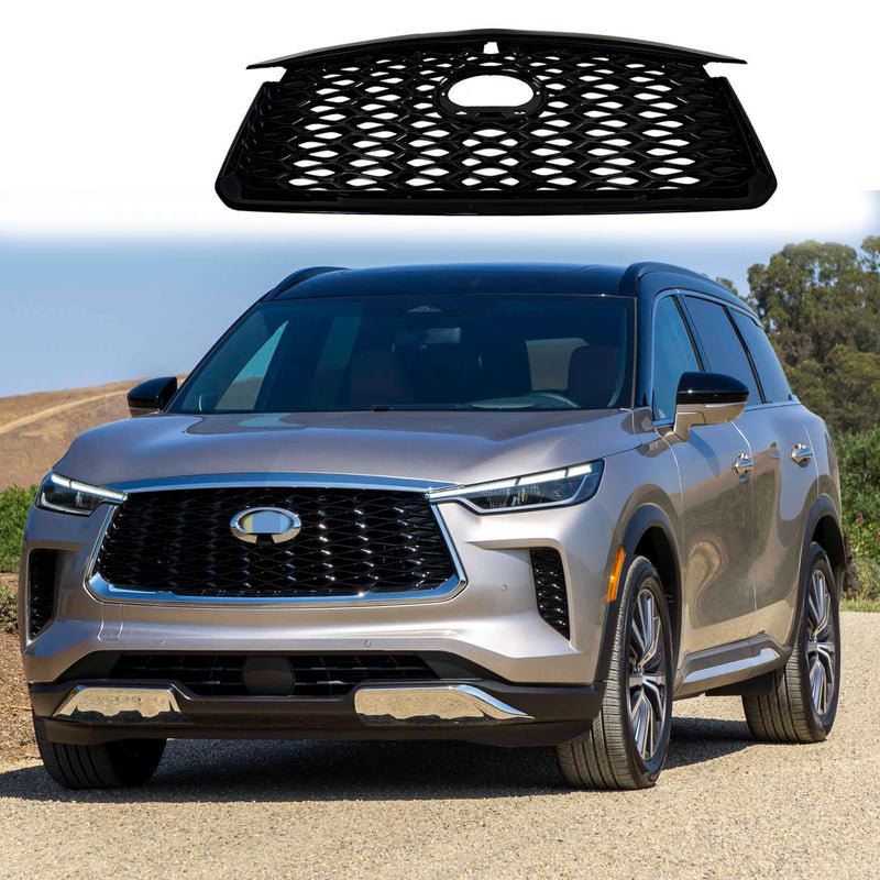 BUFEETERS  Front Bumper Upper Grille Fit For 2022 2023 INFINITI QX60,Mesh Style,Gloss Black