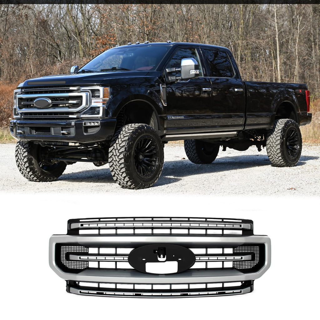 BUFEETERS Front Bumper Upper Grille Fit For 2020 2021 2022 F-250 F-350 Super Duty,Platinum Style,JS Iconic Silver&Black