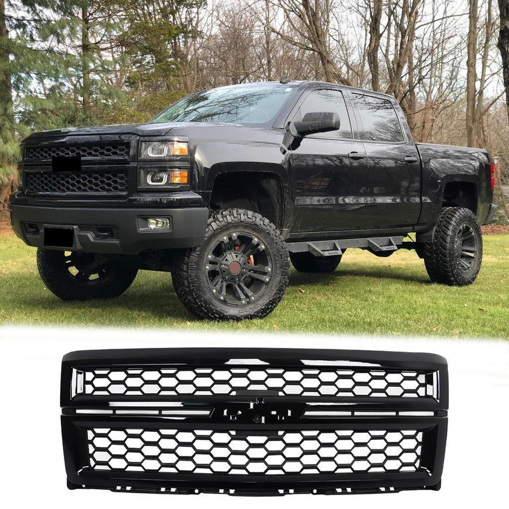 BUFEETERS Front Bumper Upper Grille Fit For 2014 2015 Chevy Silverado 1500,Honeycomb Style,Gloss Black