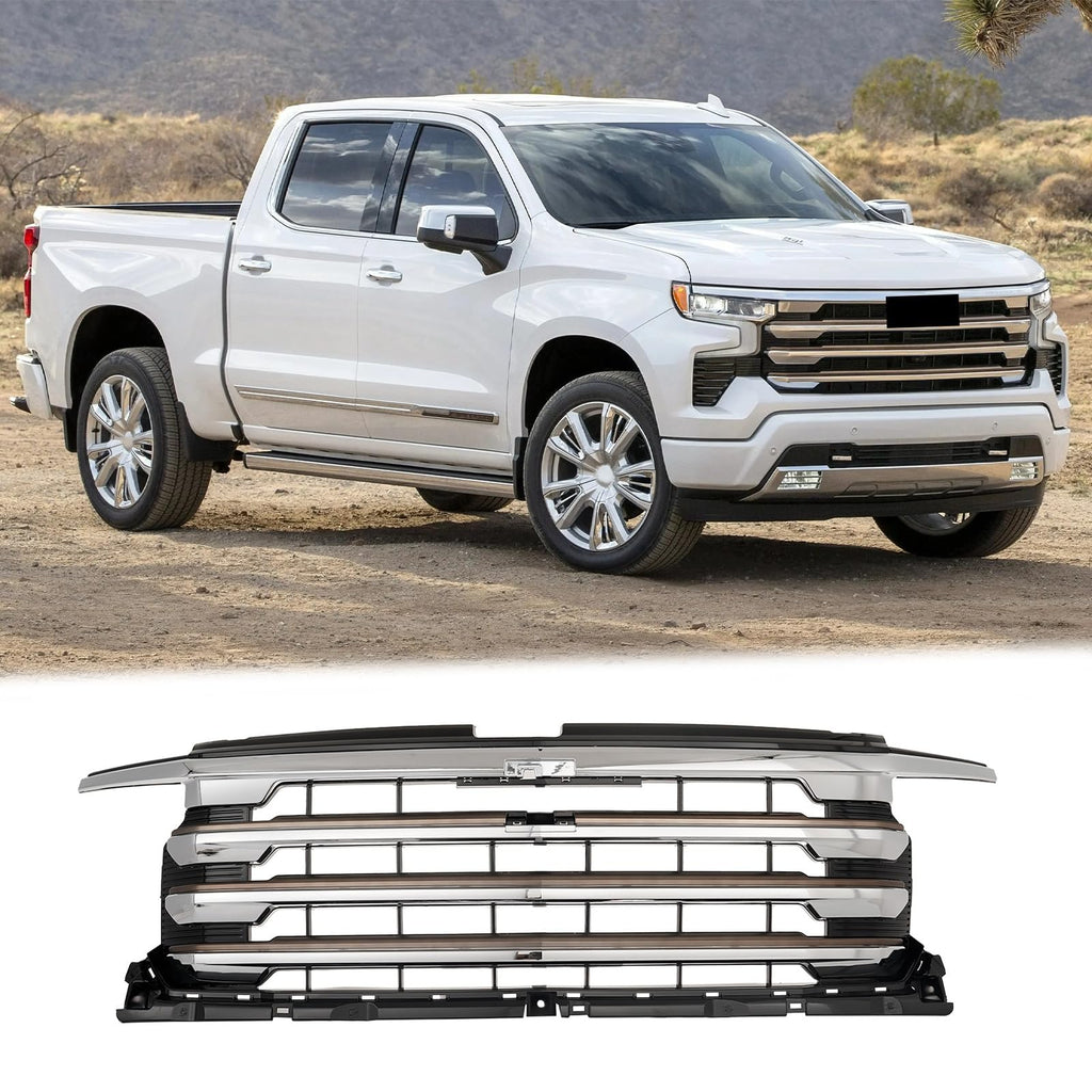 BUFEETERS Front Bumper Upper Grille Fit For 2022 2023 2024 Chevy Silverado 1500 High Country,Factory Style,Chrome&Silver