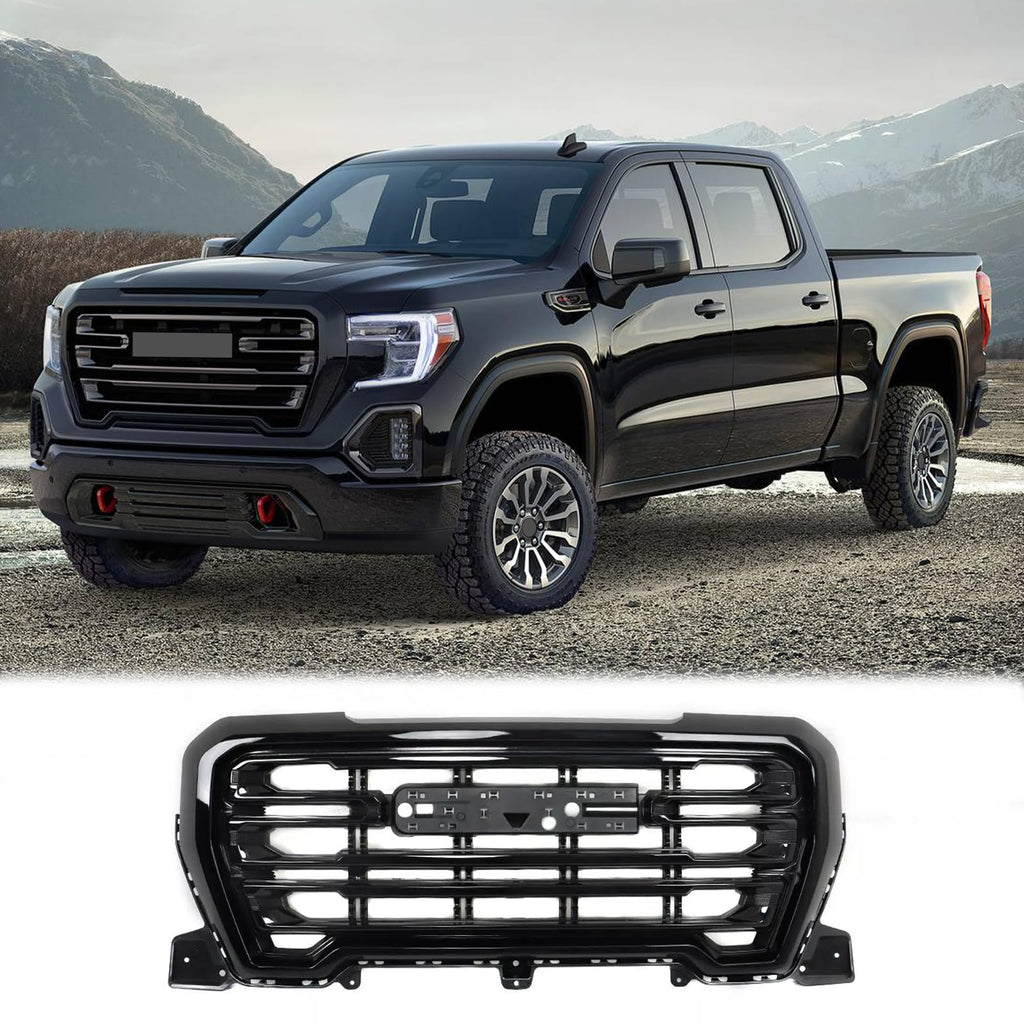 BUFEETERS Front Bumper Upper Grille With Gray Frame Assembly Fit For 2019 2020 2021 GMC Sierra 1500,Factory Style,Gloss Black&Gray