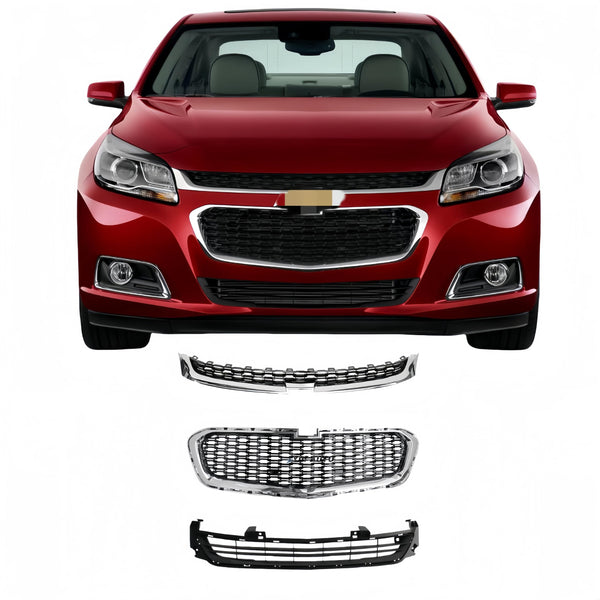 BUFEETERS  3pcs Front Upper Center Lower Grille Grill Set Fit For 2014 2015 2016 Chevrolet Malibu,Chrome&Black