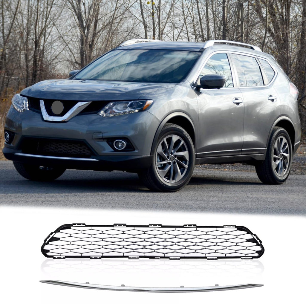 BUFEETERS Front Bumper Lower Grille + Chrome Molding Trim Fit For 2014 2015 2016 Nissan Rogue,Factory  Style,Chrome&Black