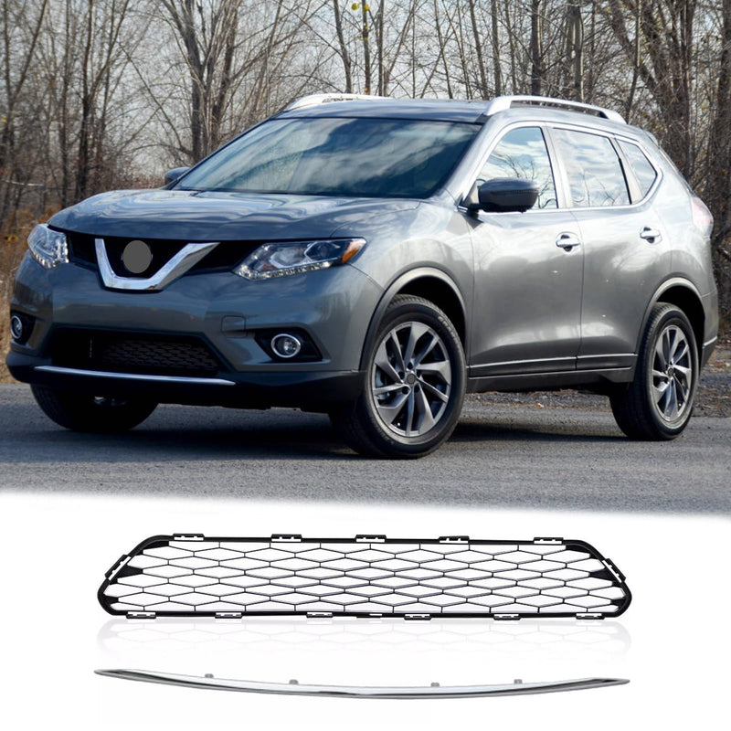 BUFEETERS Front Bumper Lower Grille + Chrome Molding Trim Fit For 2014 2015 2016 Nissan Rogue,Honeycomb Style,Chrome&Black