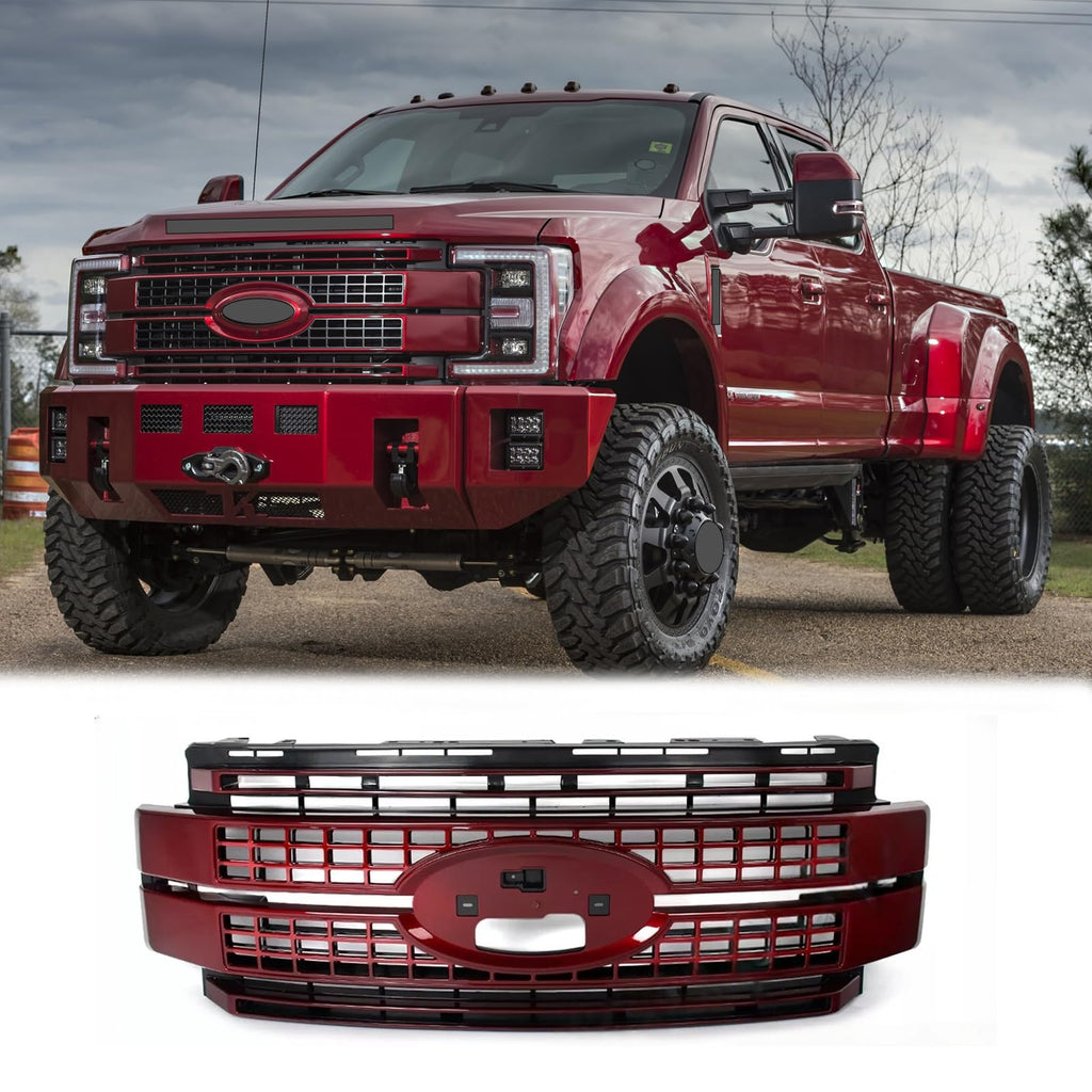 BUFEETERS Front Bumper Upper Grille Fit For 2017 2018 2019 F-250 F-350 F-450 F-550 Super Duty,Platinum Style,RR Ruby Red&Matte Black
