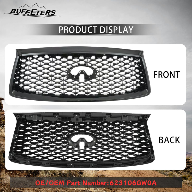 BUFEETERS  Front Upper Grille  W/ Camera Hole Fit For 2018 2019 2020 2021 INFINITI QX80,Mesh Style,Gloss Black