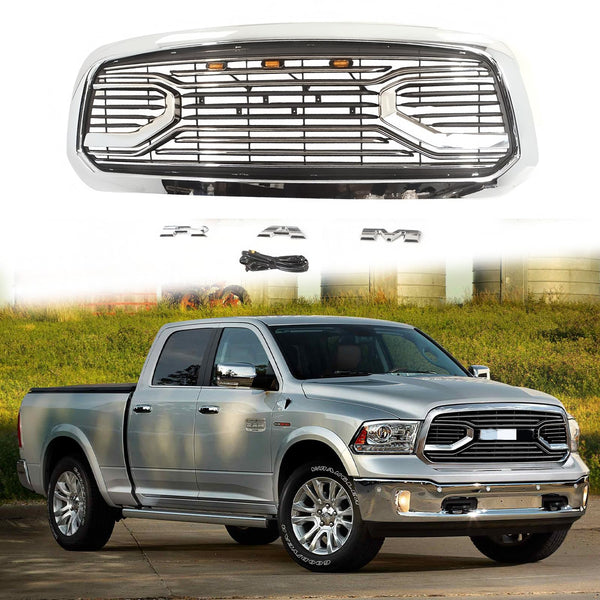 BUFEETERS  Front Upper Grille Chrome Big Horn Grill W/Light&Letters Fit For 2014 2015 2016 2017 2018 Dodge Ram 1500,Chrome&Silver