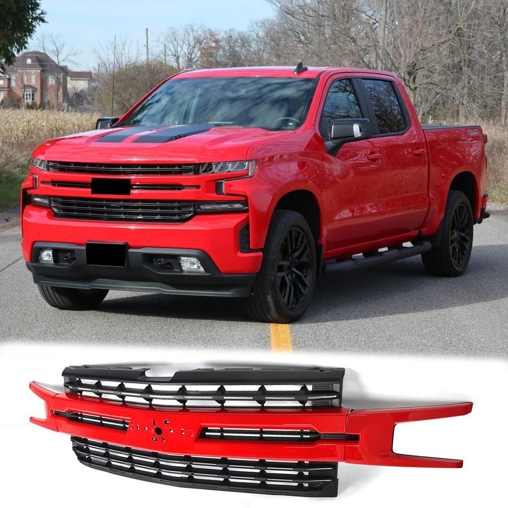 BUFEETERS Front Bumper Upper Grille Fit For 2019 2020 2021 Chevy Silverado 1500,LT Style/Horizontal Billet Style,WA130X Red Hot&Matte Black