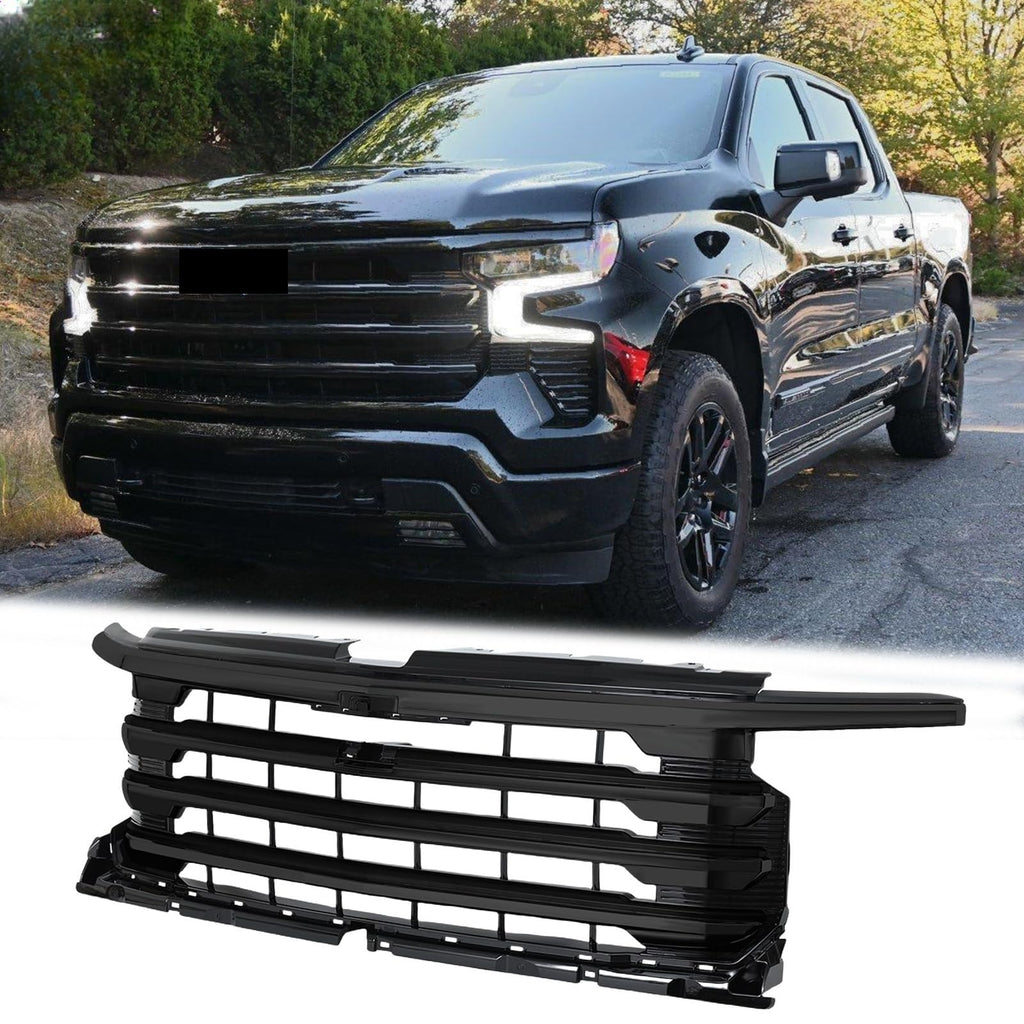 BUFEETERS Front Bumper Upper Grille Fit For 2022 2023 2024 Chevy Silverado 1500 High Country,Horizontal Billet Style,Gloss Black