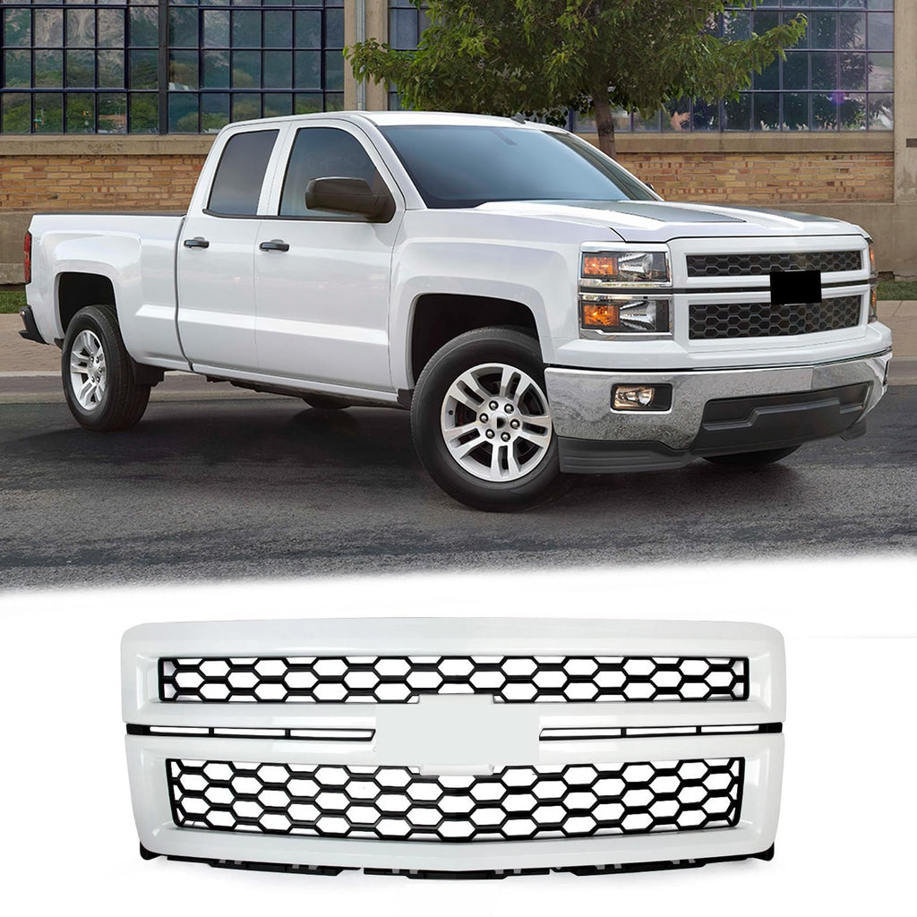 BUFEETERS Front Bumper Upper Grille Fit For 2014 2015 Chevy Silverado 1500,LTZ Style/Honeycomb Style,Summit White&Black