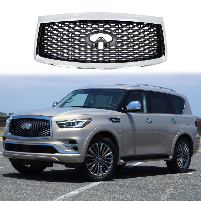 BUFEETERS  Front Upper Grille Assembly W/ Camera Hole Fit For 2018 2019 2020 2021 Infiniti QX80,Honeycomb  
 Style,Chrome&Black