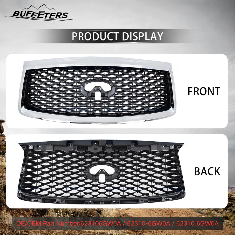 BUFEETERS  Front Upper Grille Assembly W/ Camera Hole Fit For 2018 2019 2020 2021 Infiniti QX80,Honeycomb  
 Style,Chrome&Black