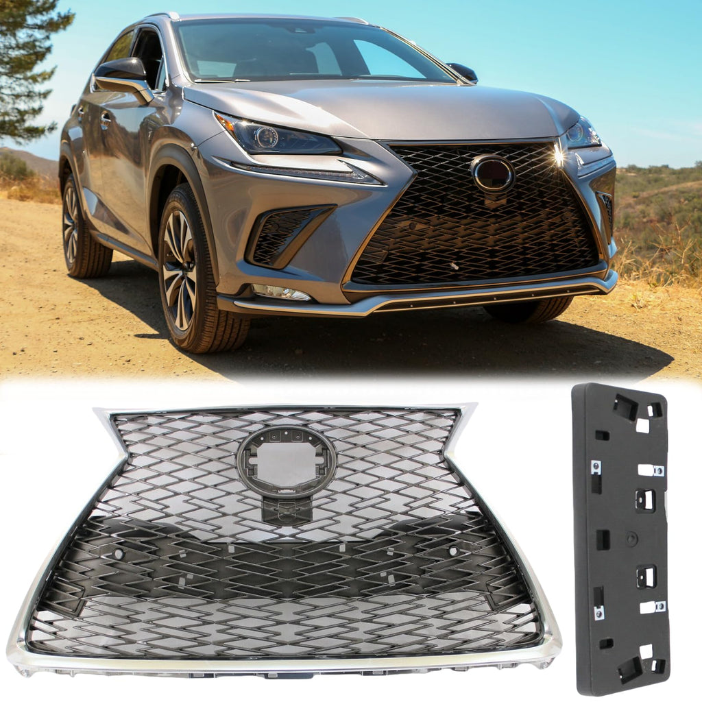 BUFEETERS  Front Bumper Grille With Chrome Trim Surround Fit For 2018 2019 2020 2021 Lexus NX300 F Sport,Honeycomb Style,Chrome&Matte Gray