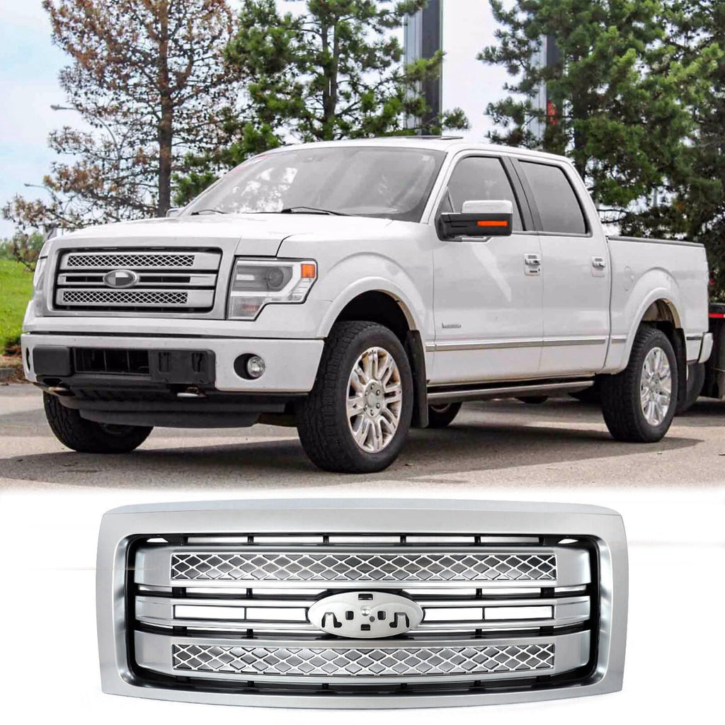 BUFEETERS Front Bumper Upper Grille Fit For 2009 2010 2011 2012 2013 2014 Ford F150 F-150,Factory Platinum Style,Satin Aluminum&Matte Black