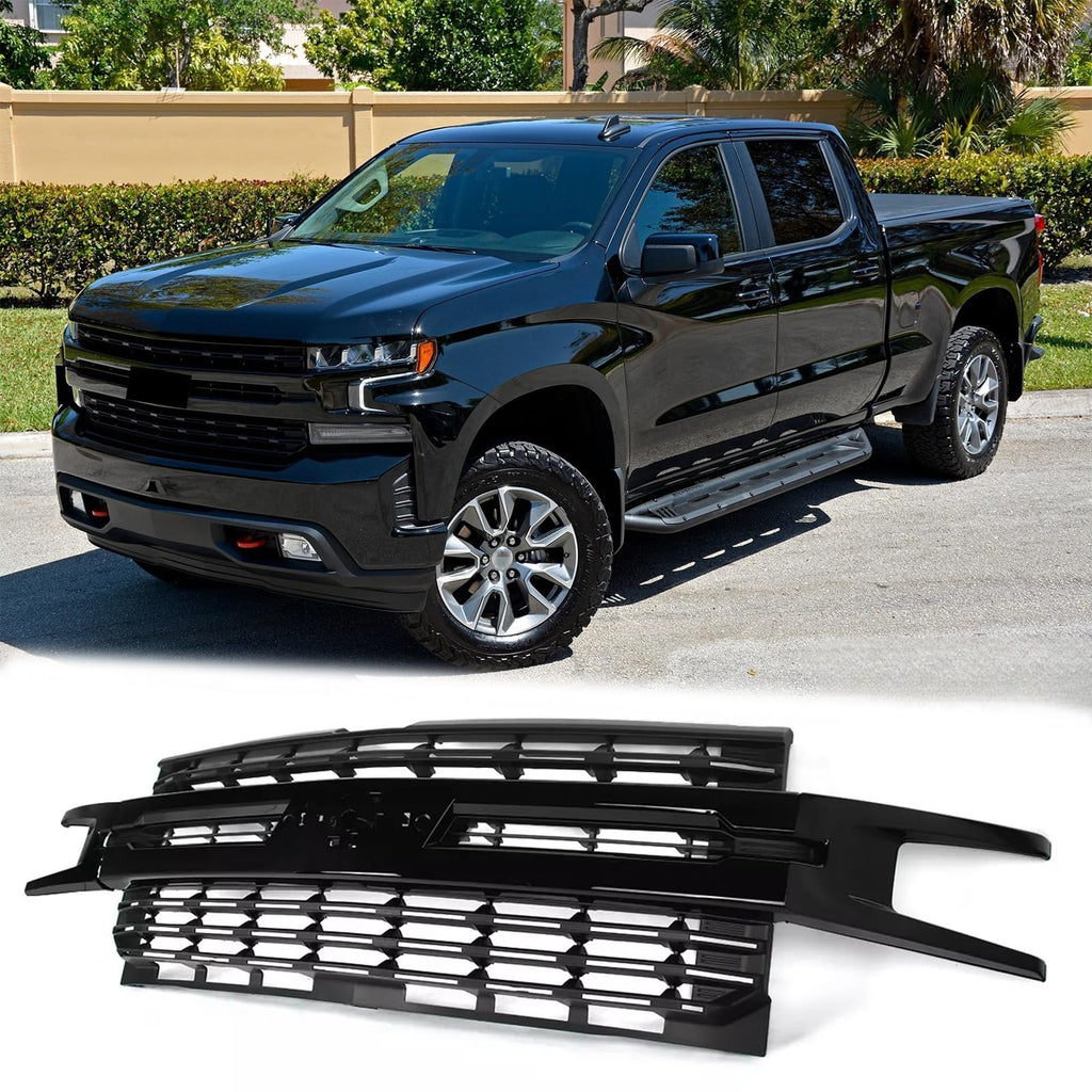 BUFEETERS Front Bumper Upper Grille Assembly Fit For 2019 2020 2021 2022 Chevy Silverado 1500,LTZ Style/Horizontal Billet Style,Gloss Black