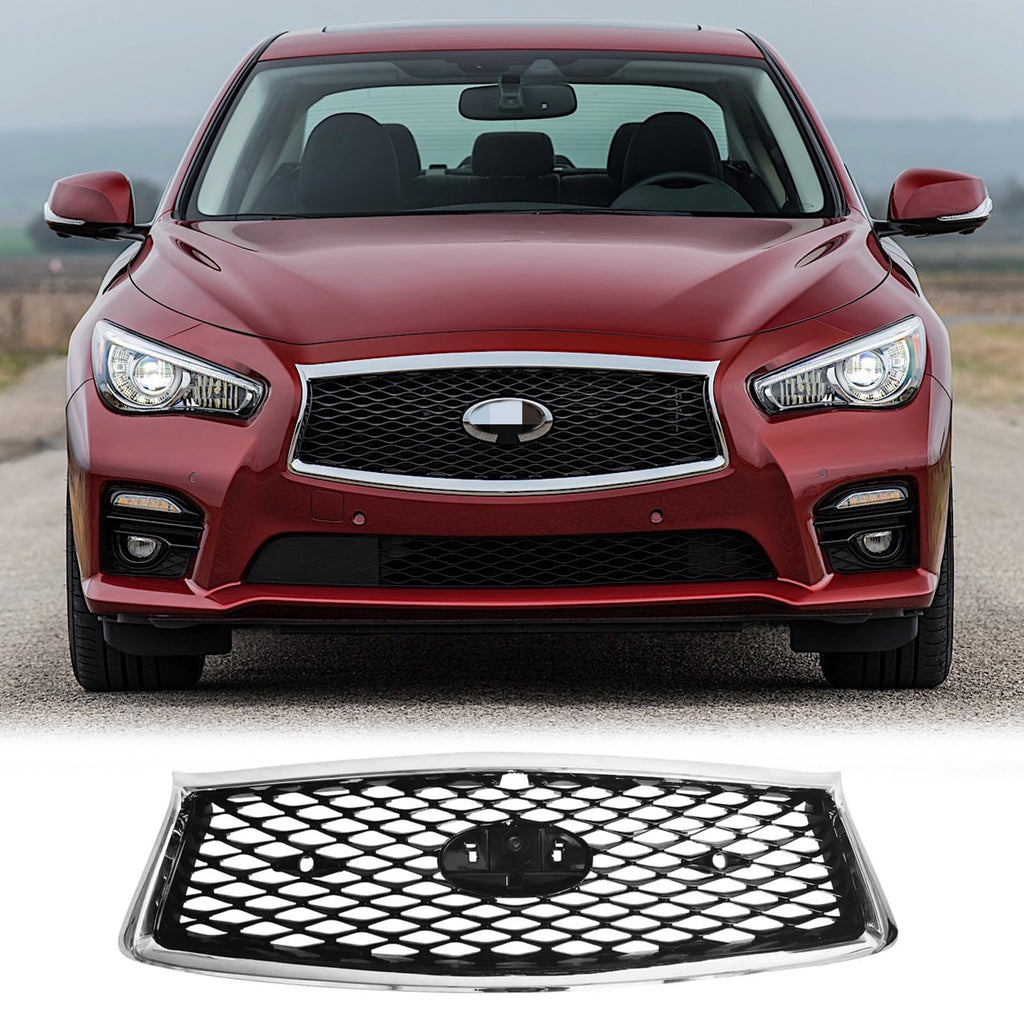 BUFEETERS   Front Bumper Upper Grille Fit For 2018 2019 2020 2021 2022 2023 INFINITI Q50 W/Sensor Holes,Mesh Style,Chrome&Black