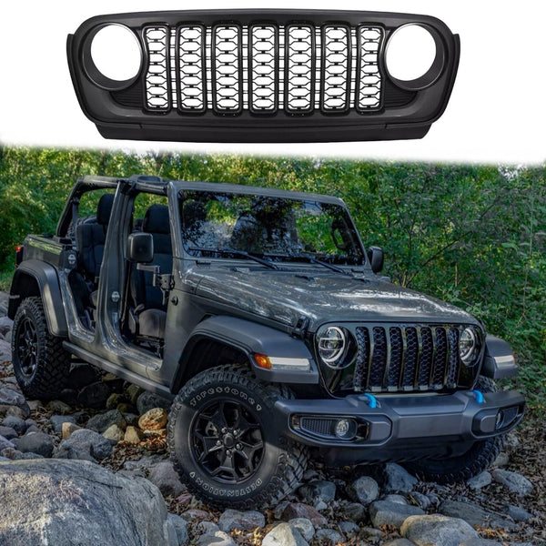 BUFEETERS  Front Bumper Upper Grille w/O Camera Hole Fit For 2018 2019 2020 2021 2022 2023 2024 Jeep Wrangler JL Gladiator JT,Mesh Style,Black