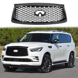 BUFEETERS  Front Upper Grille  W/ Camera Hole Fit For 2018 2019 2020 2021 INFINITI QX80,Mesh Style,Gloss Black
