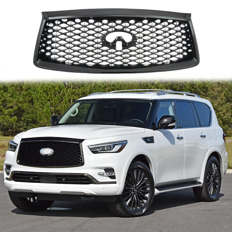 BUFEETERS  Front Upper Grille  W/ Camera Hole Fit For 2018 2019 2020 2021 INFINITI QX80,Mesh Style,Gloss Black