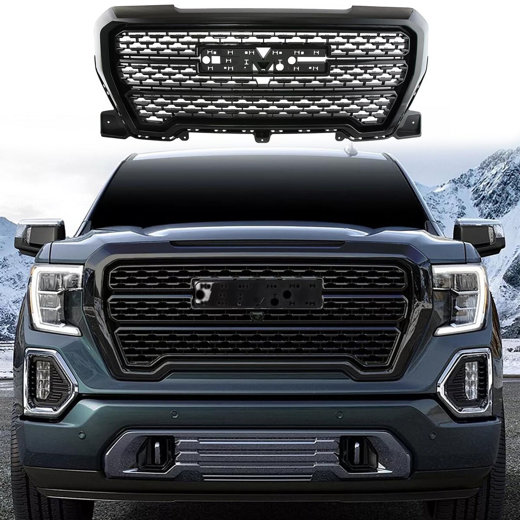 BUFEETERS Front Bumper Upper Grille Fit For 2019 2020 2021 GMC Sierra 1500 Denali,Mesh Style,Gloss Black