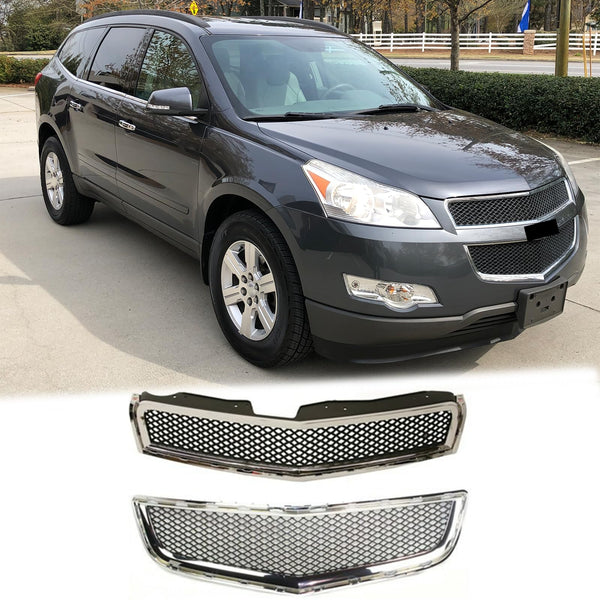 BUFEETERS  Front Bumper Upper Lower Grille Kit Fit For 2009 2010 2011 2012 Chevy Chevrolet Traverse,Honeycomb Style,Chrome Shell w/ Black Insert