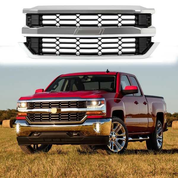 BUFEETERS Front Bumper Upper Grille Fit For 2016 2017 2018 2019 Chevrolet Silverado 1500,Honeycomb Style,Chrome&Black