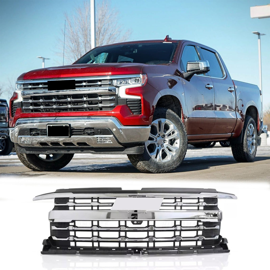 BUFEETERS Front Bumper Upper Grille With Camera Fit For 2022 2023 2024 Chevy Silverado 1500,Horizontal Billet Style,Chrome&Black