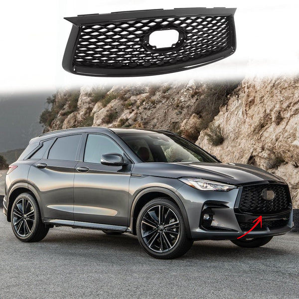 BUFEETERS  Front Upper Grille  W/Camera Hole  Fit For 2019 2020 2021 2022 2023 INFINITI QX50,Gloss Black