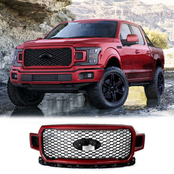 BUFEETERS  Front Radiator Grille Grill Assembly Fit For 2018 2019 2020 Ford F-150,Honeycomb Style,Ruby Red Metallic&Black
