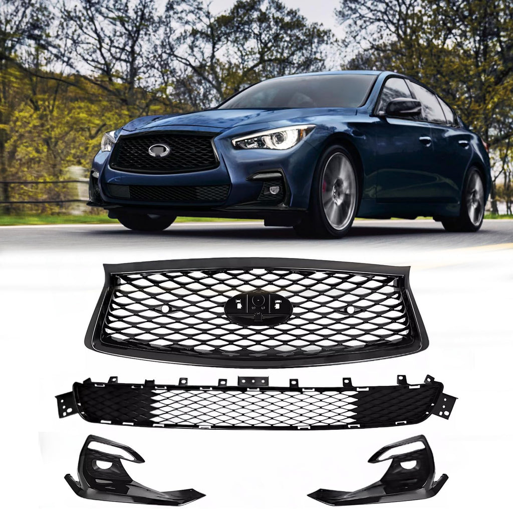 BUFEETERS   Front Bumper Upper Lower Grille Fog Light Bezels Cover Fit For 2018 2019 2020 2021 2022 INFINITI Q50 Sport,Mesh Style,Gloss Black