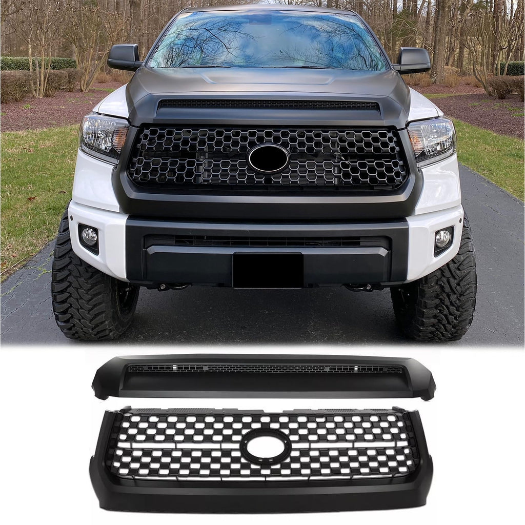 BUFEETERS  Front Grille&Hood Bulge Molding Set Fit For 2014 2015 2016 2017 2018 2019 2020 Toyota Tundra,Mesh Style,Matte Black