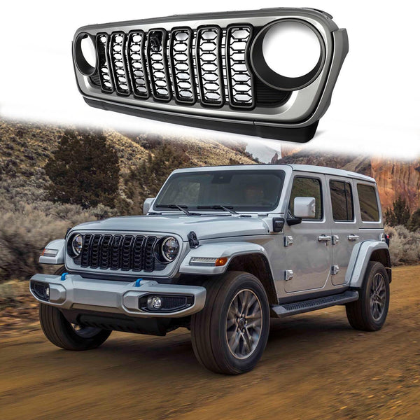 BUFEETERS  Front Bumper Upper Grille w/Camera Hole Fit For 2018 2019 2020 2021 2022 2023 2024 Jeep Wrangler JL Gladiator JT,Rubicon Style,Black&Billet Silver Metallic