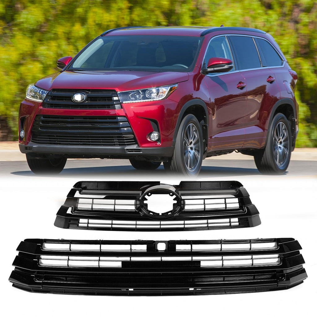BUFEETERS Front Upper and Lower Grille Fit For 2017 2018 2019 Toyota Highlander,Factory Style,Gloss Black