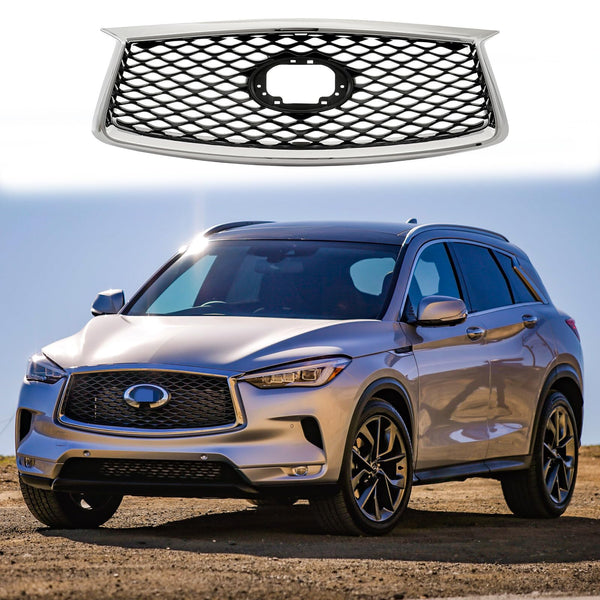 BUFEETERS  Front Bumper Upper Grille With Camera Hole Fit For 2019 2020 2021 2022 2023 INFINITI QX50,Mesh Style,Chrome&Black