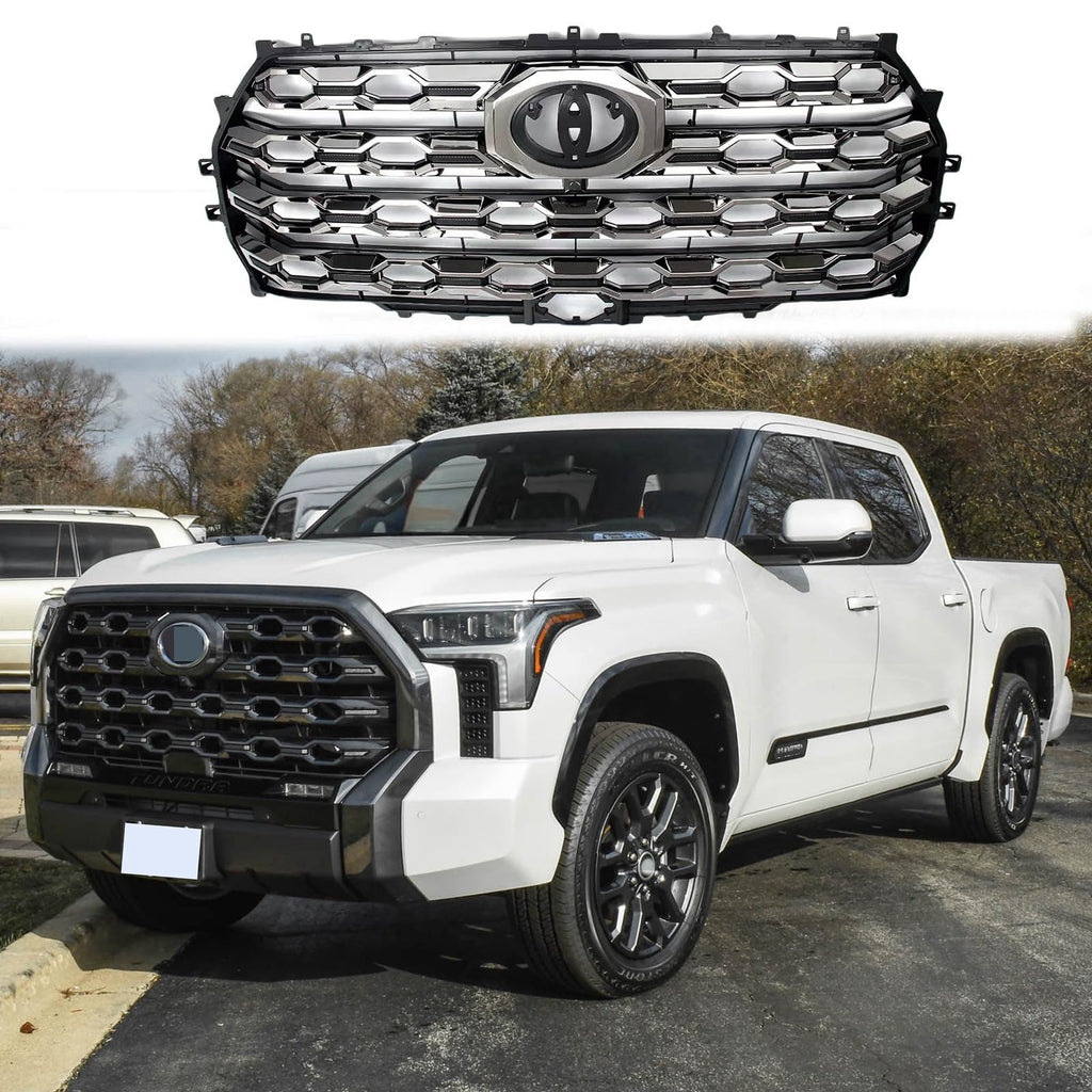 BUFEETERS   Front Bumper Grille Fit For 2022 2023 2024 Toyota Tundra,Platinum Style,Smoked Chrome
