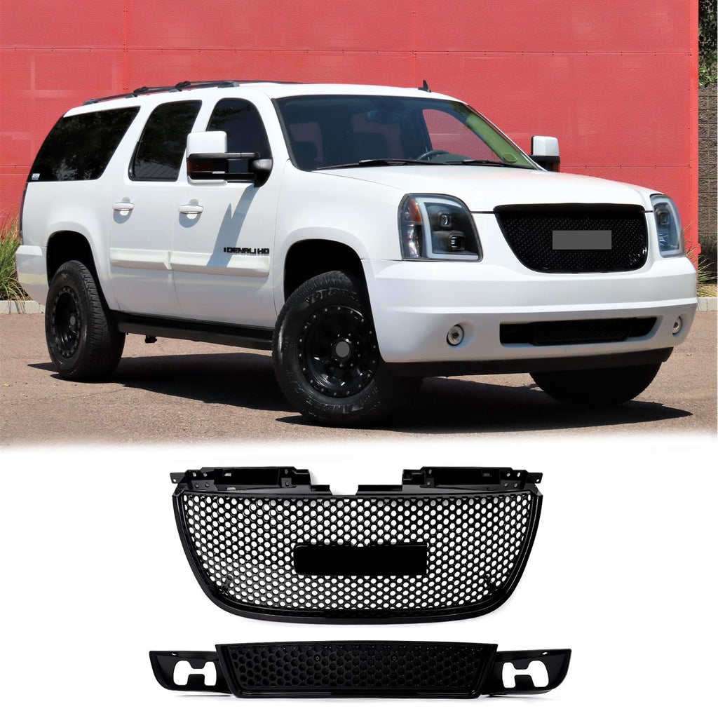 BUFEETERS Front Upper Lower Grille Mesh Assembly Fit For 2007 2008 2009 2010 2011 2012 2013 2014 GMC Yukon/Yukon XL,Denali Style,Gloss Black