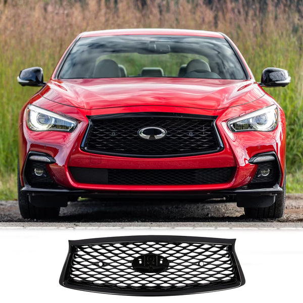 BUFEETERS   Front Bumper Upper Grille Fit For 2018 2019 2020 2021 2022 INFINITI Q50,Mesh Style,Gloss Black
