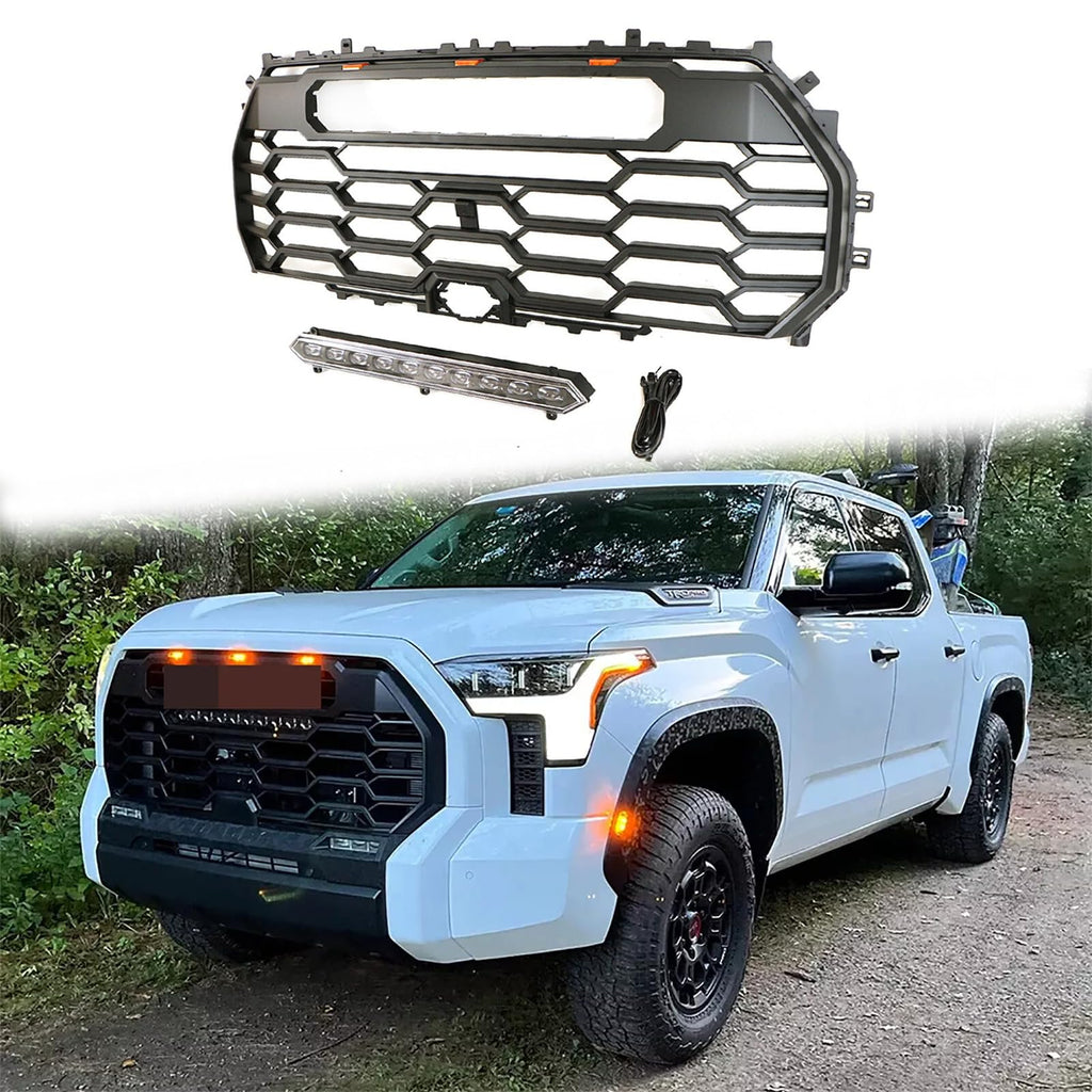 BUFEETERS Front Bumper Upper Grille W/Led & Light Bar Fit For 2022 2023 2024 Toyota Tundra,Honeycomb Style,Matte Black