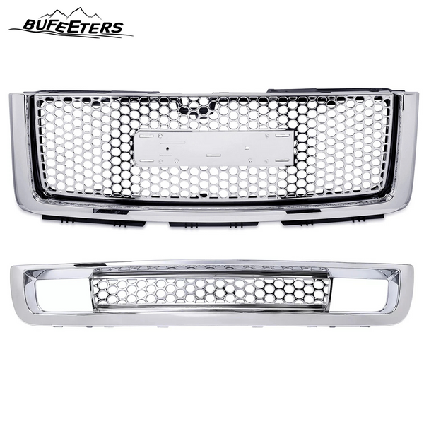 BUFEETERS  Front Bumper Upper & Lower Grille Fit For 2007 2008 2009 2010 2011 2012 2013 GMC Sierra 1500,New Body Style,Chrome&Silver